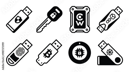 Set of black icons representing secure digital devices and cryptocurrency solutions
