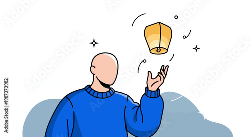 Man releasing sky lantern vector illustration for celebration hope dreams inspiration night festival cultural event atmosphere concept