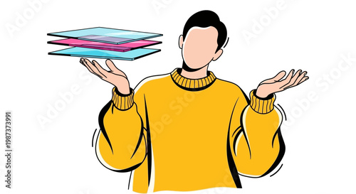 Man balancing colorful sheets vector illustration for creativity multitasking workflow productivity idea management business concept modern design