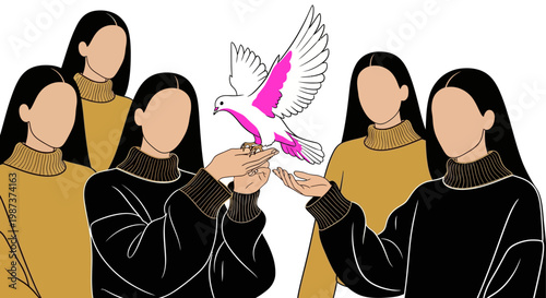 People releasing pink and white dove vector illustration for peace hope freedom concept symbolic communication unity message  modern design