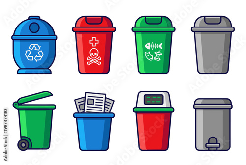 Waste Management and Recycling Bin Icons Set, Hazardous Waste, Organic Scraps, Paper Recycling and General Trash Containers Vector Design