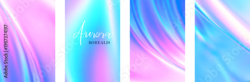 Northern lights aurora background. Blue aurora borealis gradient with abstract light holographic effect. Set vertical templates liquid wave pattern. Iridescent hologram foil paper. Vector illustration