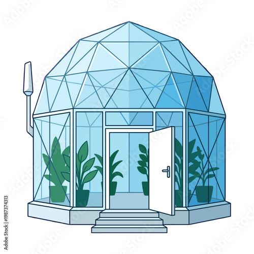 Modern Geodesic Dome Greenhouse Building with Glass Panels and Indoor Green Plants Sustainable Gardening and Eco Architecture Vector Illustration