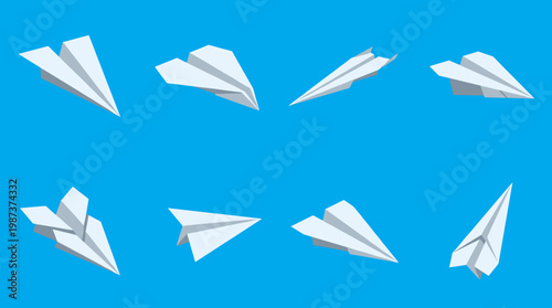 Set of White Paper Planes Icons Isolated on Blue Background, Origami Aircraft Collection in Different Angles, Flight Concept and Freedom Symbols Vector