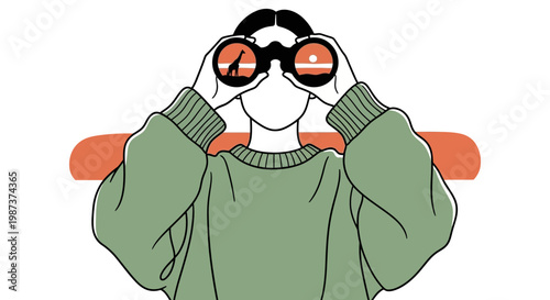 Safari tourist using binoculars viewing giraffe at sunset vector illustration for wildlife travel tourism exploration nature conservation outdoor adventure