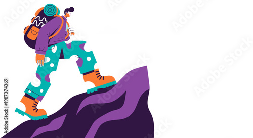Mountain climber hiking rocky peak vector illustration for outdoor adventure trekking challenge success achievement travel lifestyle fitness concept