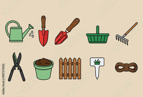 Professional Gardening Tools Icons Set with Watering Can, Trowels, Basket, Rake, Pruners, Soil Pot, Fence, Plant Tag and Rope for Garden Maintenance