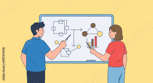 Two colleagues discussing business strategy on whiteboard.