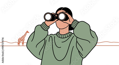 Wildlife tourist observing giraffe with binoculars vector illustration for safari travel nature exploration conservation outdoor adventure concept