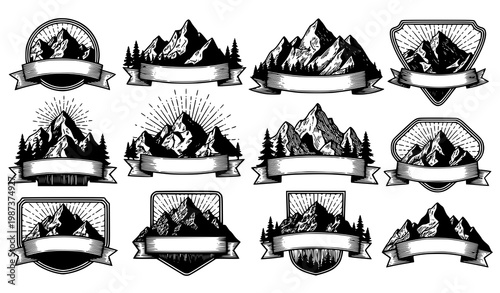Vintage hand drawn mountain badges and landscape emblems with retro outdoor adventure design vector collection