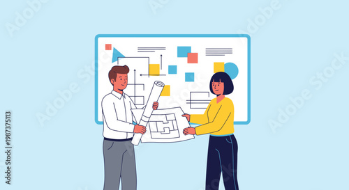 Two business colleagues discussing marketing strategy.