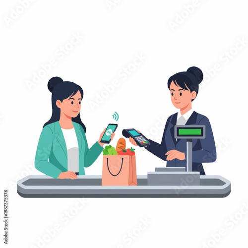 Customer paying with smartphone at grocery checkout counter.