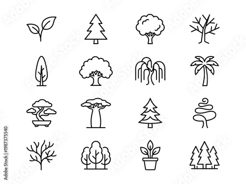 Collection of nature tree and plant species line icons for ecology and environment design with environment botanical seedling collection illustration silhouette landscape sustainable seasonal
