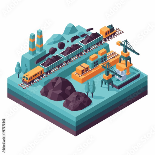 Industrial coal mining and transportation isometric illustration.