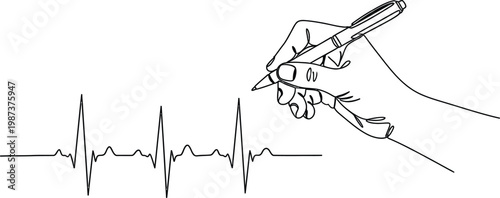 Sketch of a hand holding a pen over a heartbeat line symbolizing life and creativity