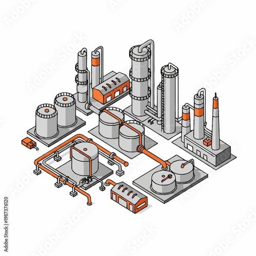 Industrial oil refinery complex with distillation towers and storage tanks.