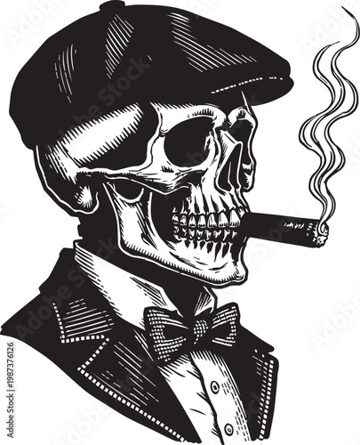 Stylish Skeleton Gangster Smoking Cigar With Flat Cap Vector Illustration