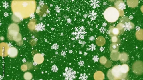 Festive Winter Scene of Snowflakes Falling on a Green Background with Bokeh Lights for Holiday Season Greetings