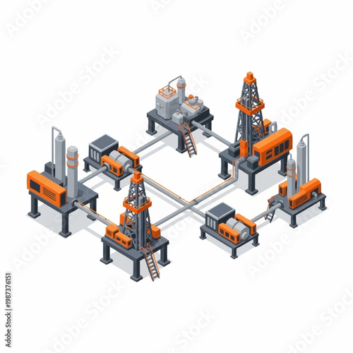 Industrial oil rig platform complex with pipelines connecting structures.