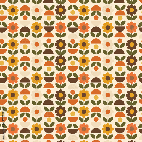 Retro Geometric Floral Seamless Pattern in Mid Century 70s Style