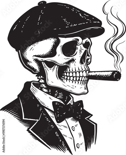 Dapper Vintage Skeleton Smoking Cigar Wearing Newsboy Cap Vector Art