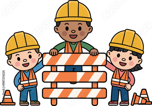 Group of cute cartoon children construction workers wearing hard hats and safety vests with barrier and traffic cones