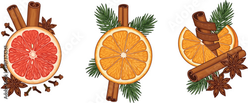 Festive Citrus and Spice Decoration with Oranges, Cinnamon, Cloves, and Pine Leaves for Holiday Aromatics