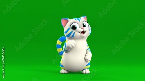 Cute cartoon cat character with blue and yellow stripes happily jumping, playing, and waving on a green background