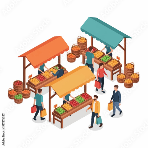 Isometric Farmers Market Stalls with Shoppers.