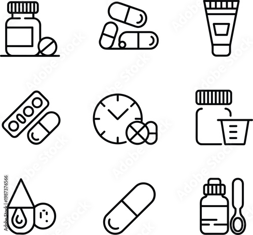 Medical pharmacy icons set, medicine pills treatment vector illustration outline healthcare drug symbols collection