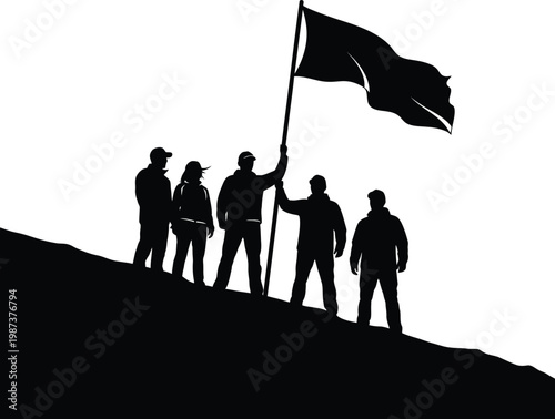 Silhouetted group with flag on hilltop a symbol of unity and resistance
