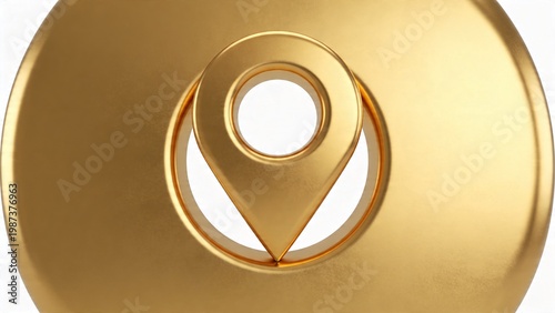  features a 3D-rendered, gold-colored location pin icon set against a plain white background. The pin is stylized with a smooth, metallic finish, giving it a shiny and reflective appearance. It has a 