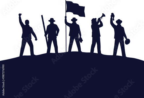 Silhouette of five figures celebrating victory on a hilltop