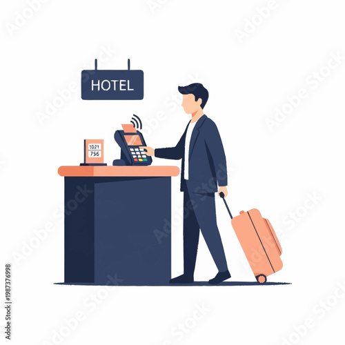 Man checking into hotel with luggage and payment terminal.