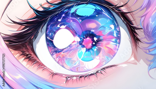 Vibrant close-up of anime-style eye with cosmic reflections