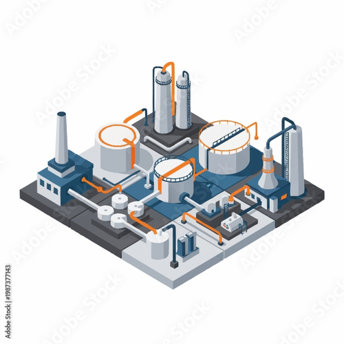 Modern industrial complex with storage tanks and pipelines illustration.