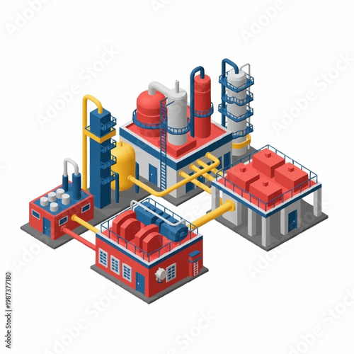 Modern industrial factory complex with pipelines and towers.