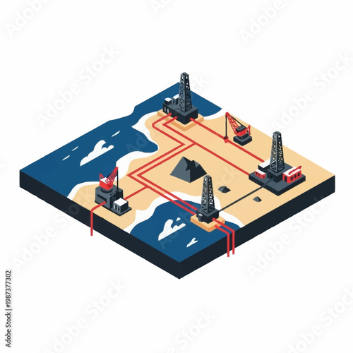 Offshore Oil Rig Platform and Pipeline Network Illustration.