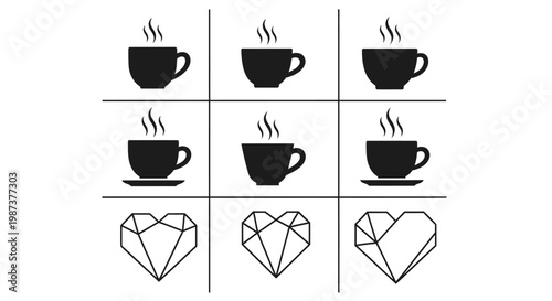 Tic tac toe game with black coffee cups and geometric hearts arranged in a grid, modern cafe concept