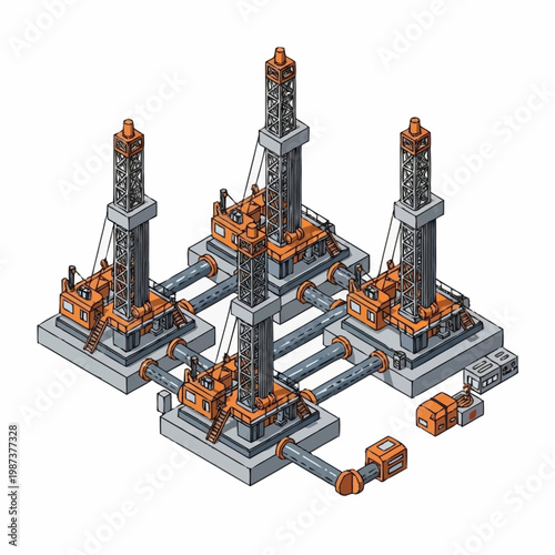 Multiple oil drilling rigs connected together in an industrial setting.