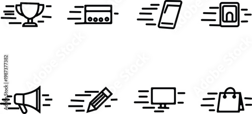 Collection of linear icons representing speed achievement and digital communication concepts