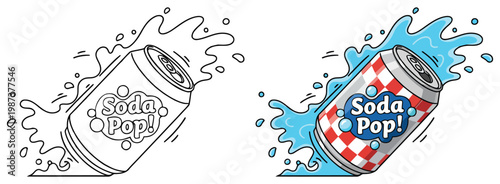 Soda cute cartoon can with splash effect in clean vector outline illustration style