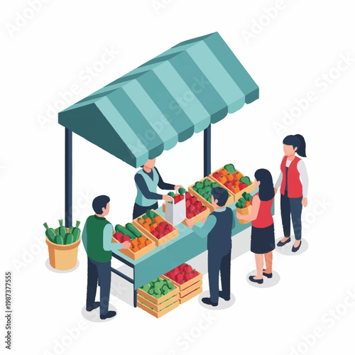 People buying fresh produce at an outdoor market stall with a vendor.