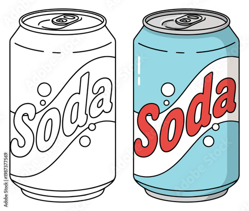 Soda aluminum can beverage packaging design in clean vector outline illustration style