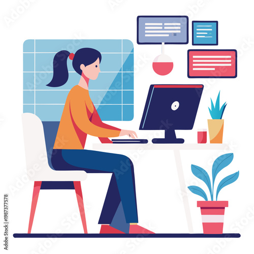 Woman Working on Computer Illustration Modern Office Scene