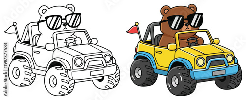 Bear cute cartoon character driving off road car in clean vector outline style