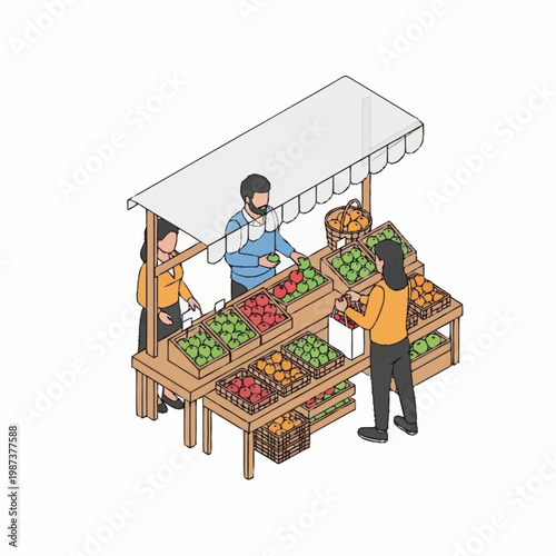 People selling fresh produce at an outdoor market stall.