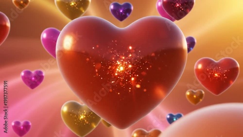 Shining 3D rendered hearts in various colors floating against a colorful background, romantic and celebratory