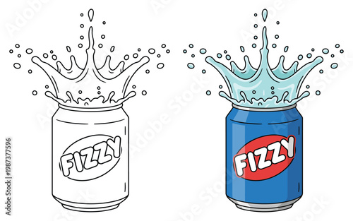 Soda can with splash explosion effect in clean vector outline illustration style