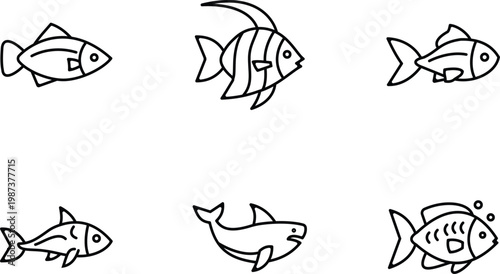 Collection of six simple black and white line art fish illustrations on white background